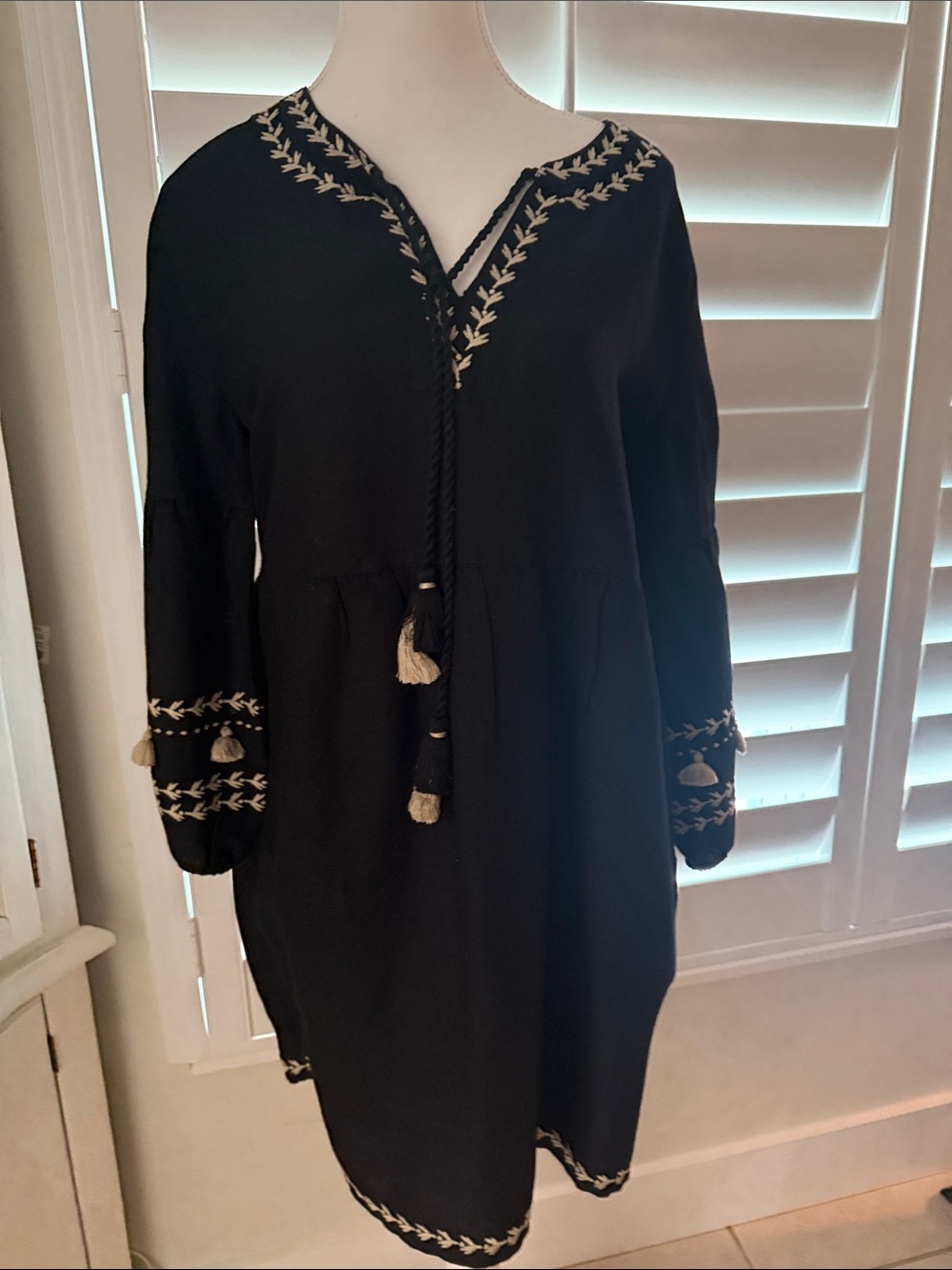 Tommy Bahama Black Embroidered Tassel V-Neck Tunic Dress